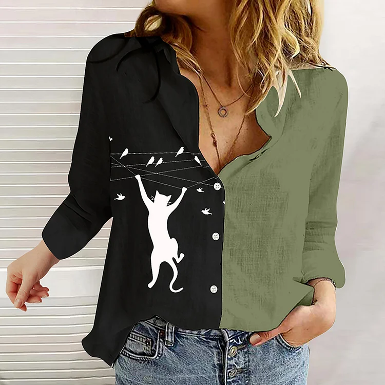 Casual Colorblock Cat Print Shirt