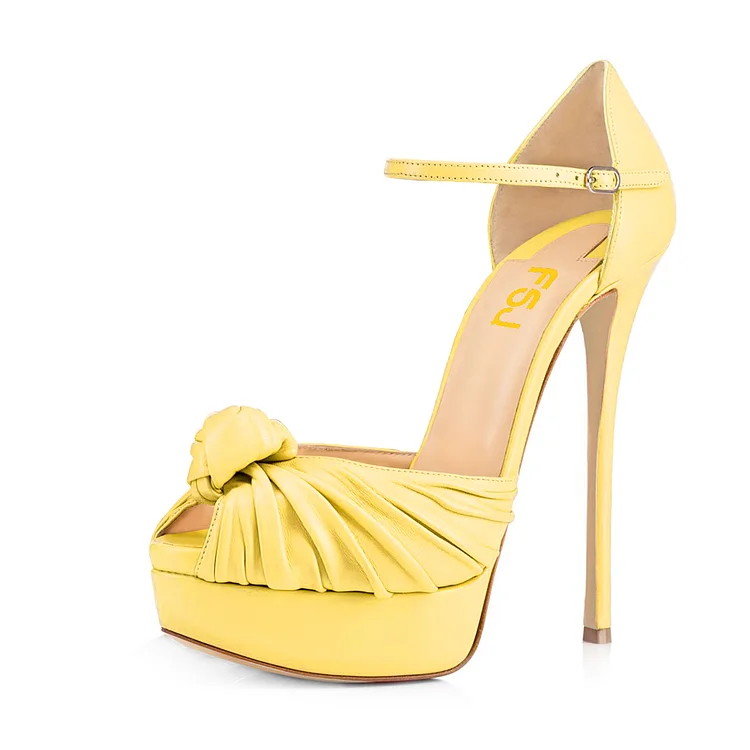 Women's Yellow Tie Peep Toe Stiletto Heels Platform Sandals |FSJ Shoes