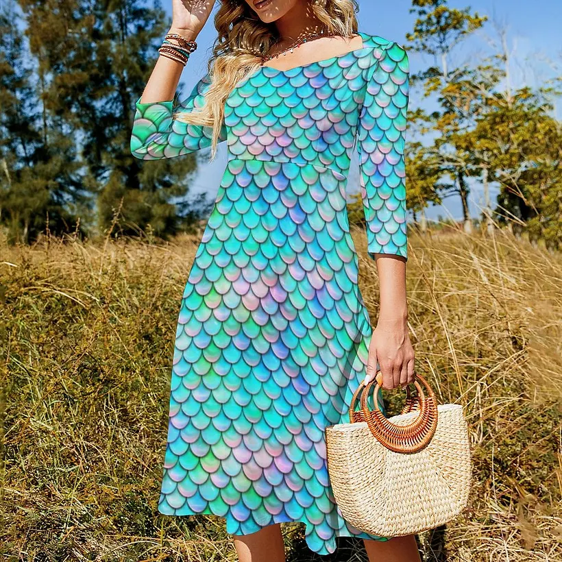 green fish scale dress SFNEEWHO Mermaid Cute Sweetheart Tie Back Flared 3/4 Sleeve Midi Dresses 80% Cotton 20% Silk