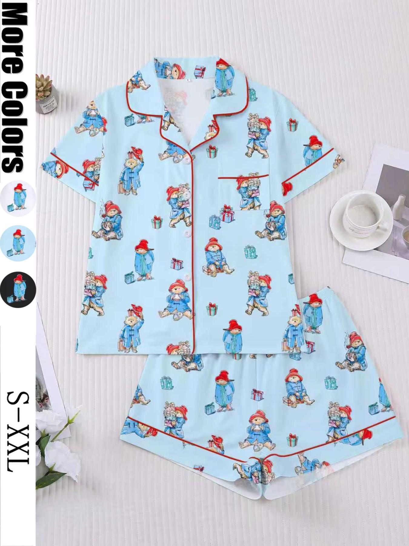 Women's Cute Bear Print Sleepwear Set, Short Sleeve Lapel Shirt & Loose Elastic Shorts, Casual All-Season Home Wear
