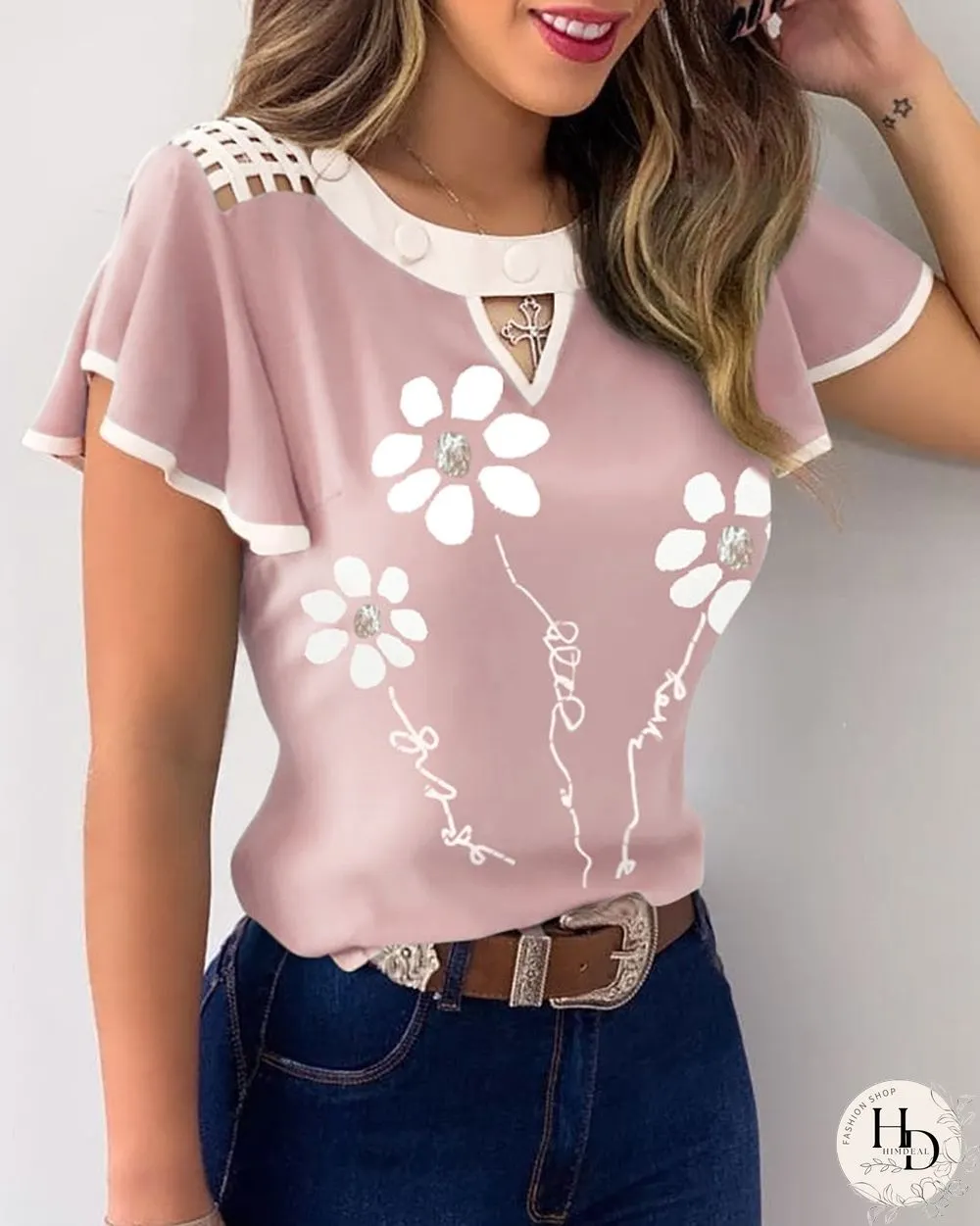 Womens Fashion Elegant Casual Floral Hollow Out Blouse Striped Colorblock Sheer Mesh