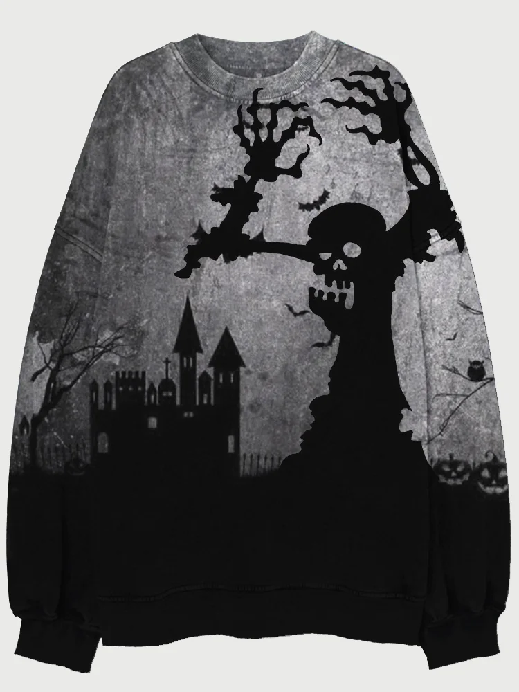 Broswear Halloween Scary Zombie Silhouette Art Washed Sweatshirt