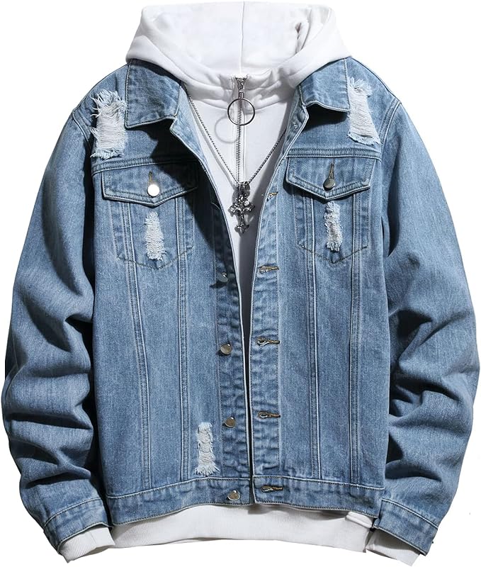  Men's Classic Denim Jacket Casual Distressed Ripped Jean Jacket