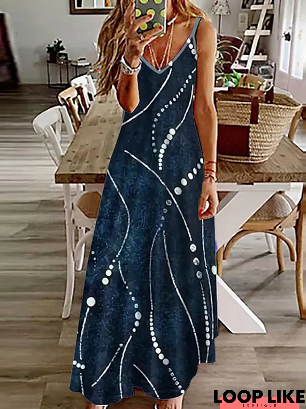 Spaghetti Jersey Geometric Loose Maxi Dress