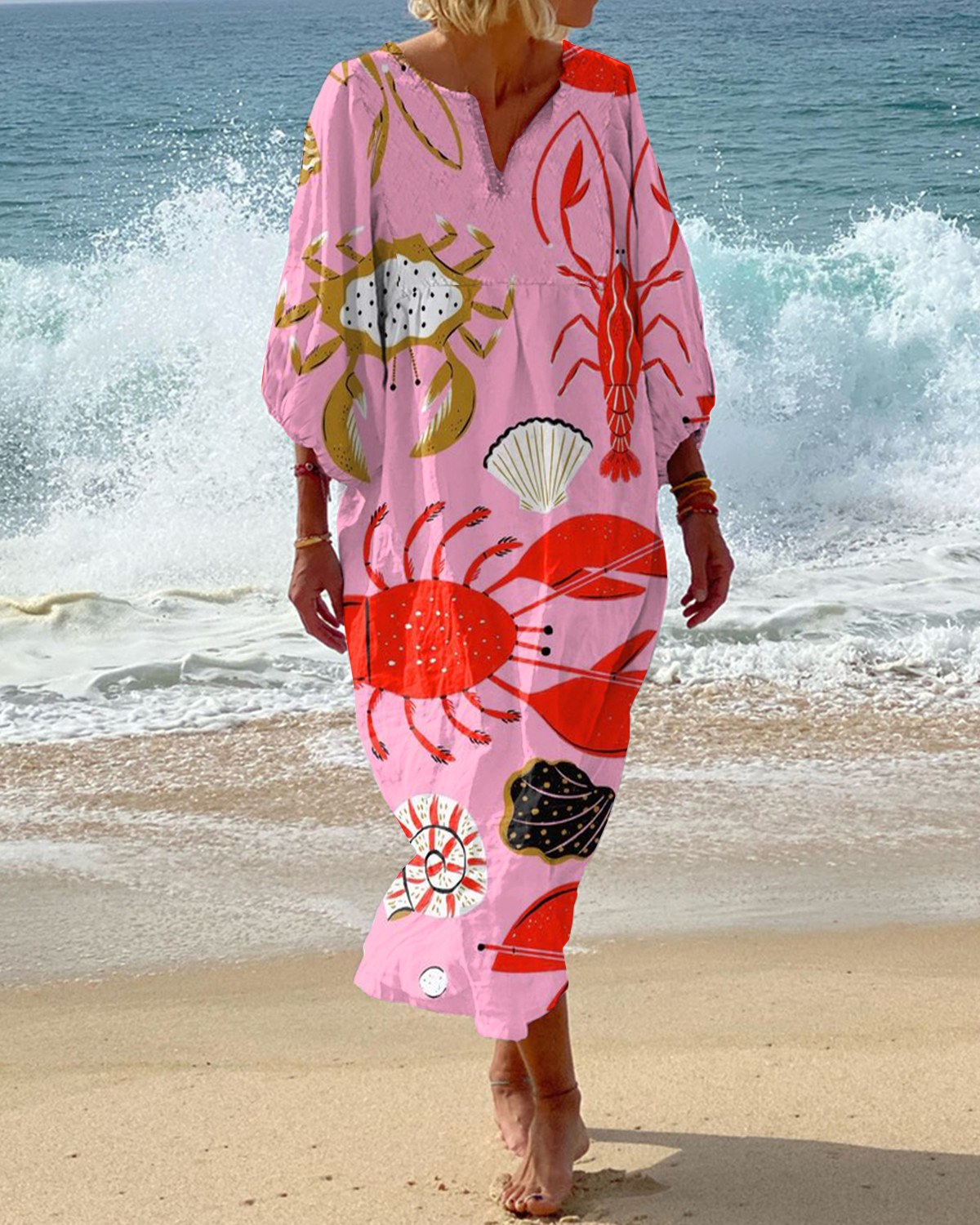 Vacation Ocean World Art Print V-Neck Loose Dress