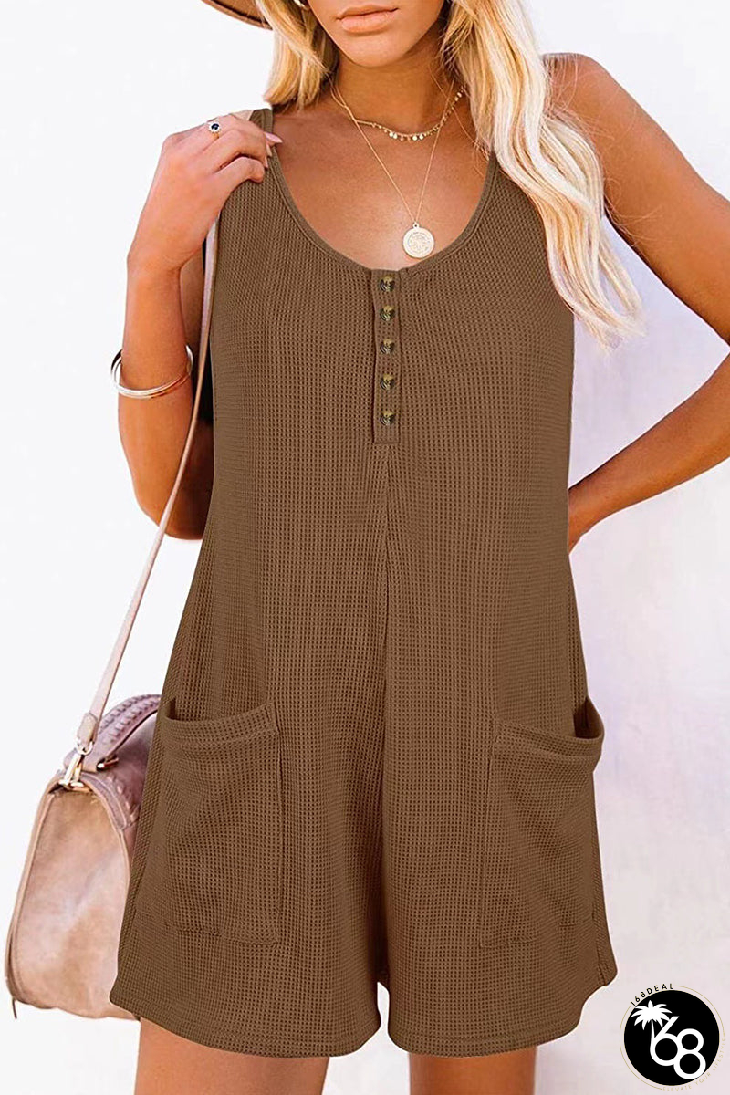 Casual Street Solid Pocket Buttons V Neck Loose Rompers(6 Colors) | 168DEAL