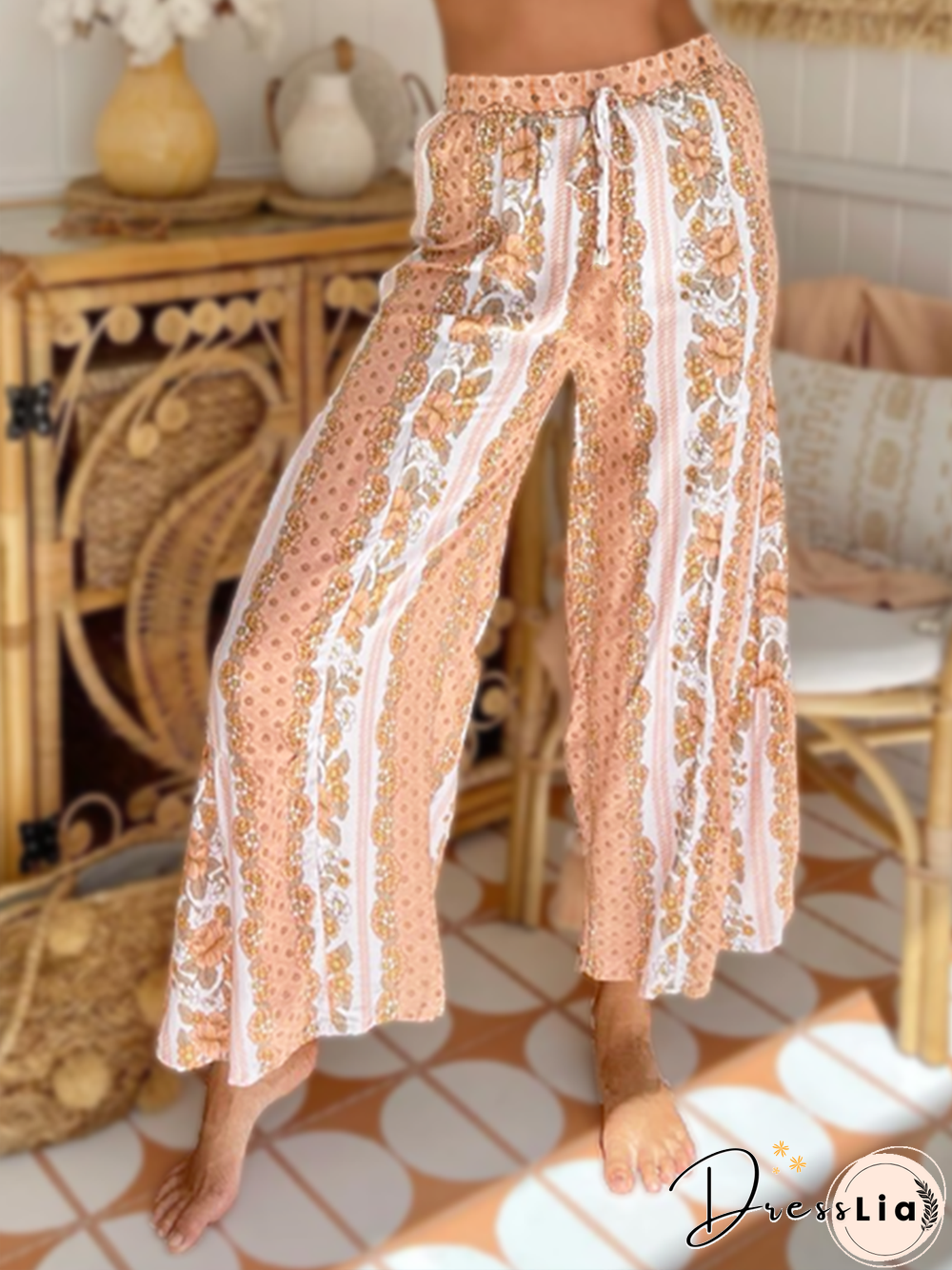 Bohemian Ethnic Print Elastic Waist Tie 9 Points Wide Leg Trousers