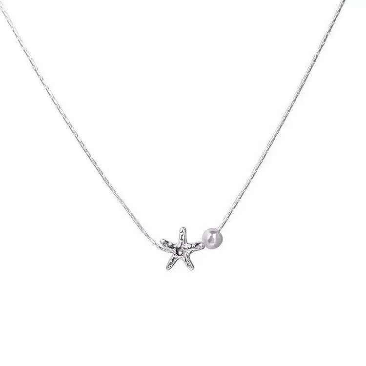 Silver Starfish and Pearl Pendant Necklace for Women