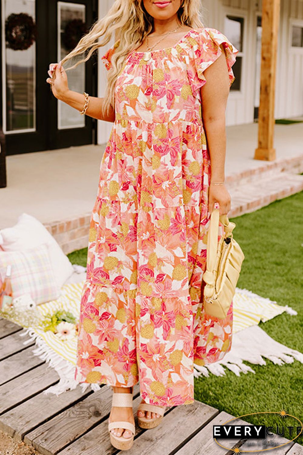 Orange Floral Print Shirred Ruffled Sleeveless Plus Size Dress