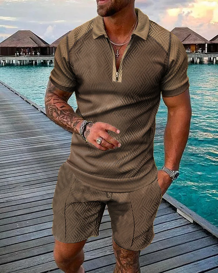 Men's Fashion Vintage Contrasting Colors Printed Polo Suit