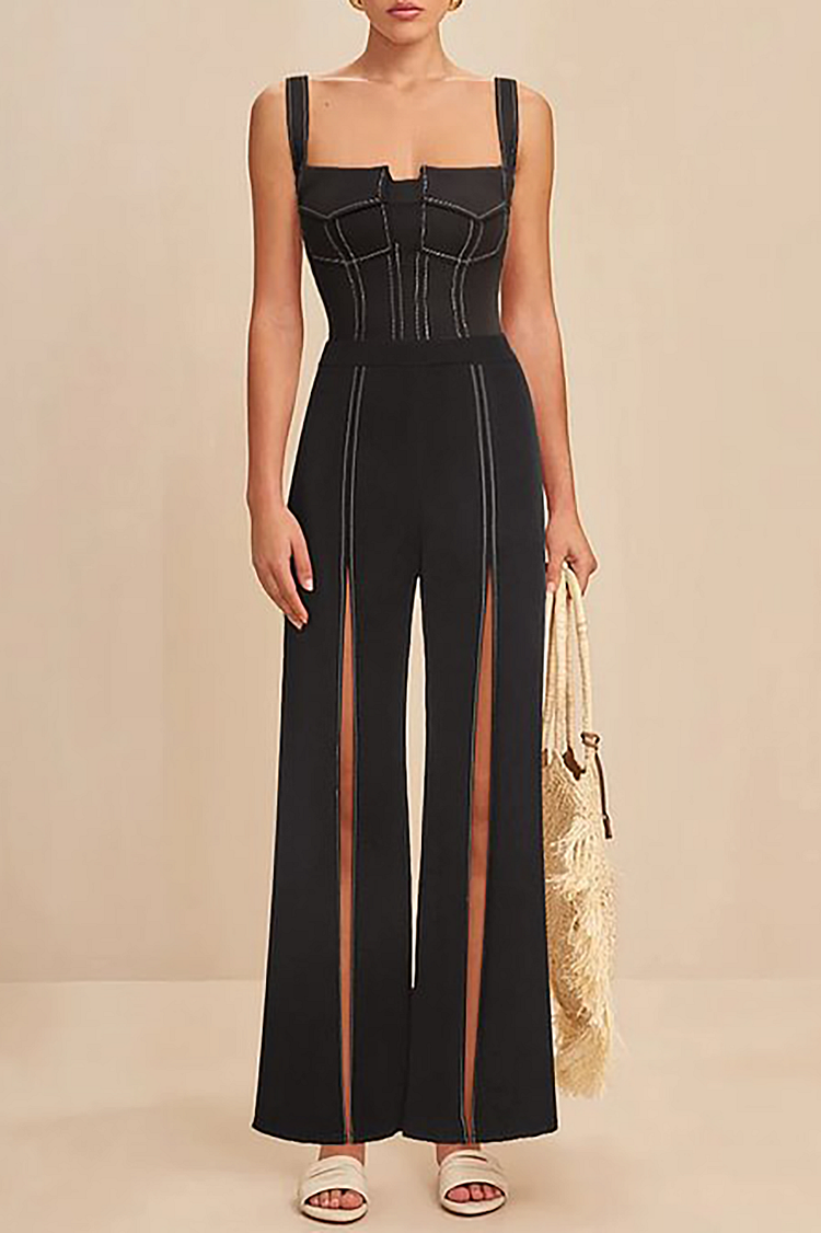 Denim Print Cami One-Piece Swimsuit Slit Wide Leg Pants 2pcs Set-Black