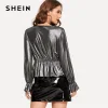 SHEIN Silver Knot Detail Ruffle Hem Metallic Womens Tops 2019 Spring Fashion V Neck Flounce Sleeve Glamorous Casual Solid Blouse