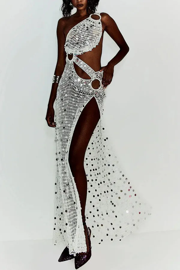 Sunshine Baby Knit Hollow Out Sequin One Shoulder Ring Detail Slit Cover-up Maxi Dress