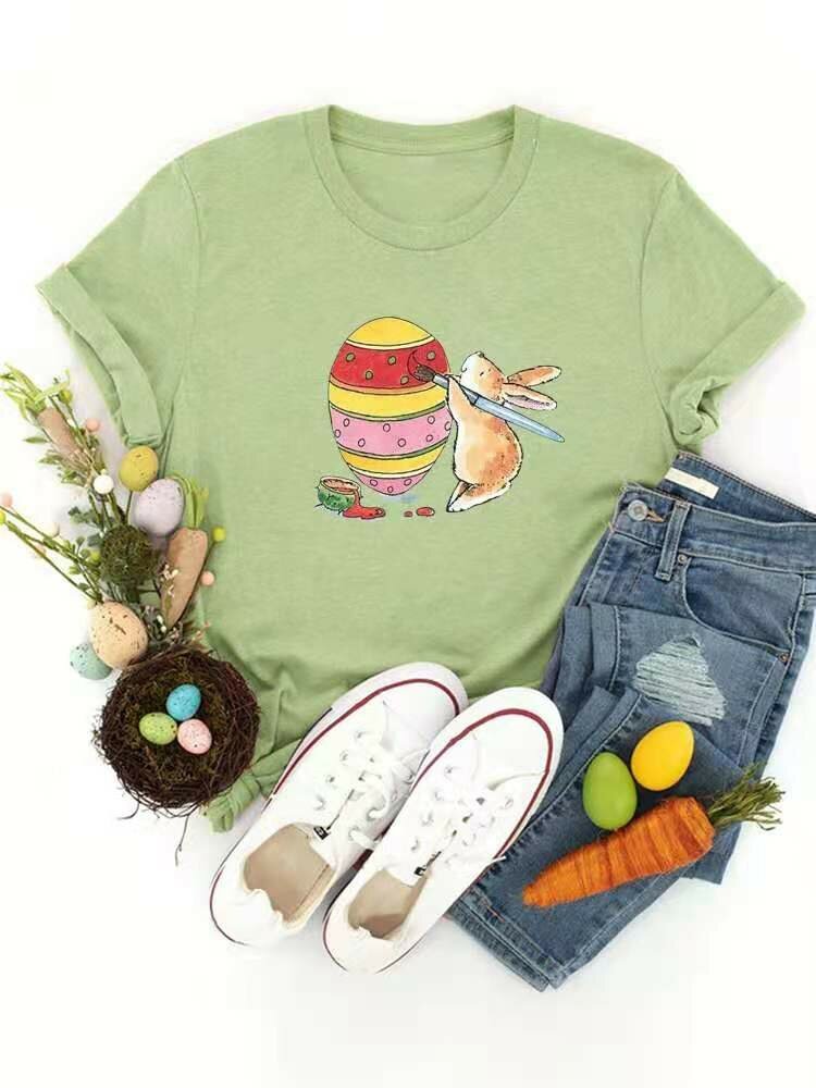 Women Easter Bunny Drawing Print O neck Short Sleeve Casual T Shirt P1820075