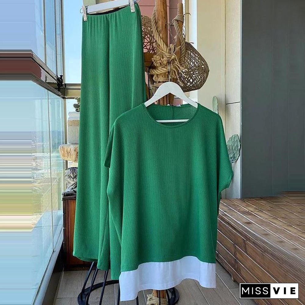 Women's Solid Color Kintted Casual Two Pieces Set