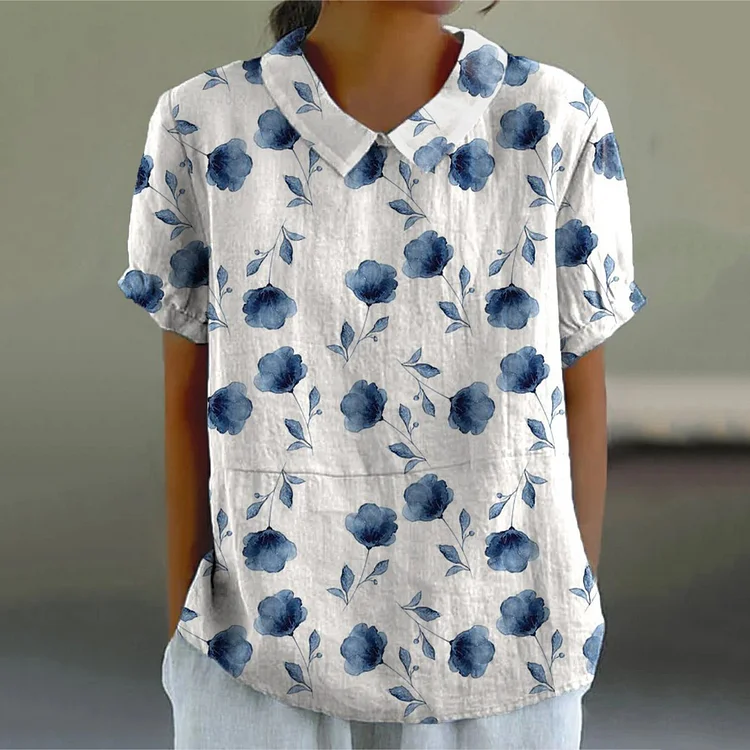 Floral Print Lapel Short Sleeve Blouse
