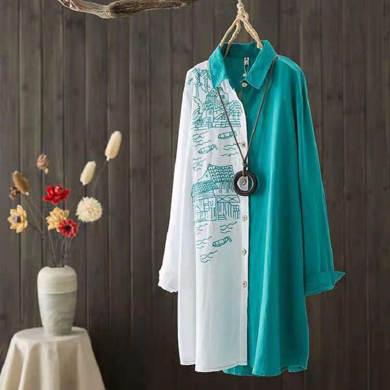 Lady Cotton Linen Embroidered Loose Oversize Shirts