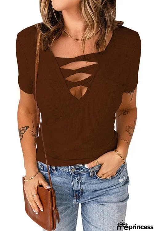 Strappy Hollow Neck Knit T Shirt