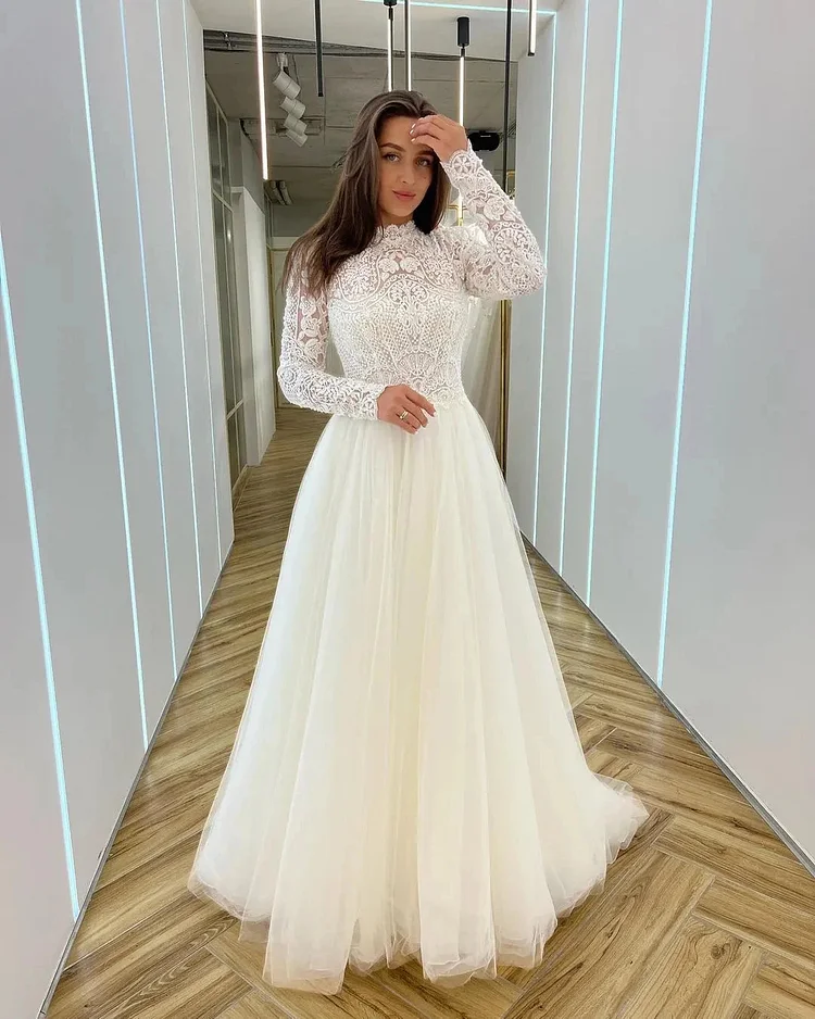 Girlwedding Romantic Wedding Dresses Mermaid High Neck Long Sleeves Exquisite Lace Appliques Princess Style Beach Mopping Bride Gowns