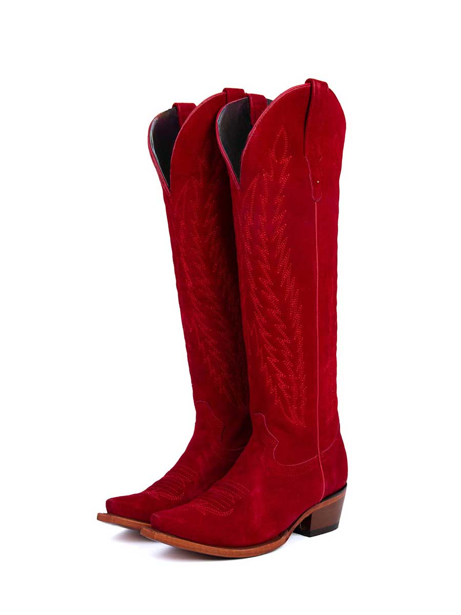 Red Faux Suede Snip Toe Embroidered Cowgirl Boots with Chunky Heel