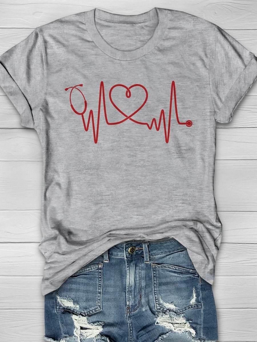 Heartbeat Nurse Doctor Lifeline Print Short Sleeve T-shirt