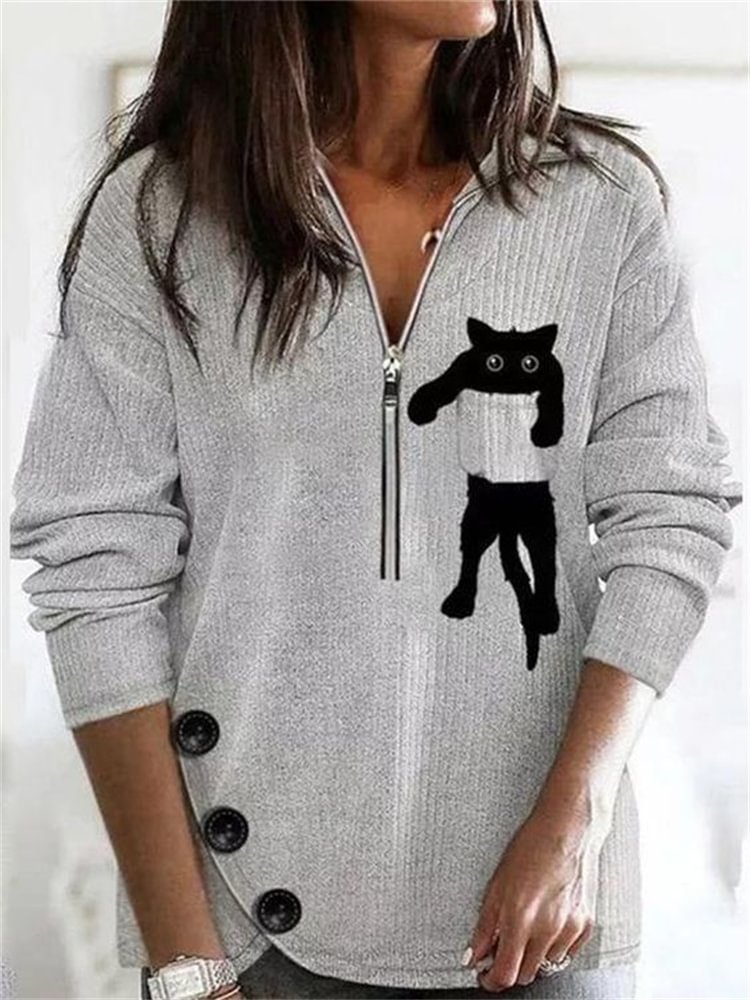Artwishers Cat Pocket Zip Up Button Slit Knit Pullover
