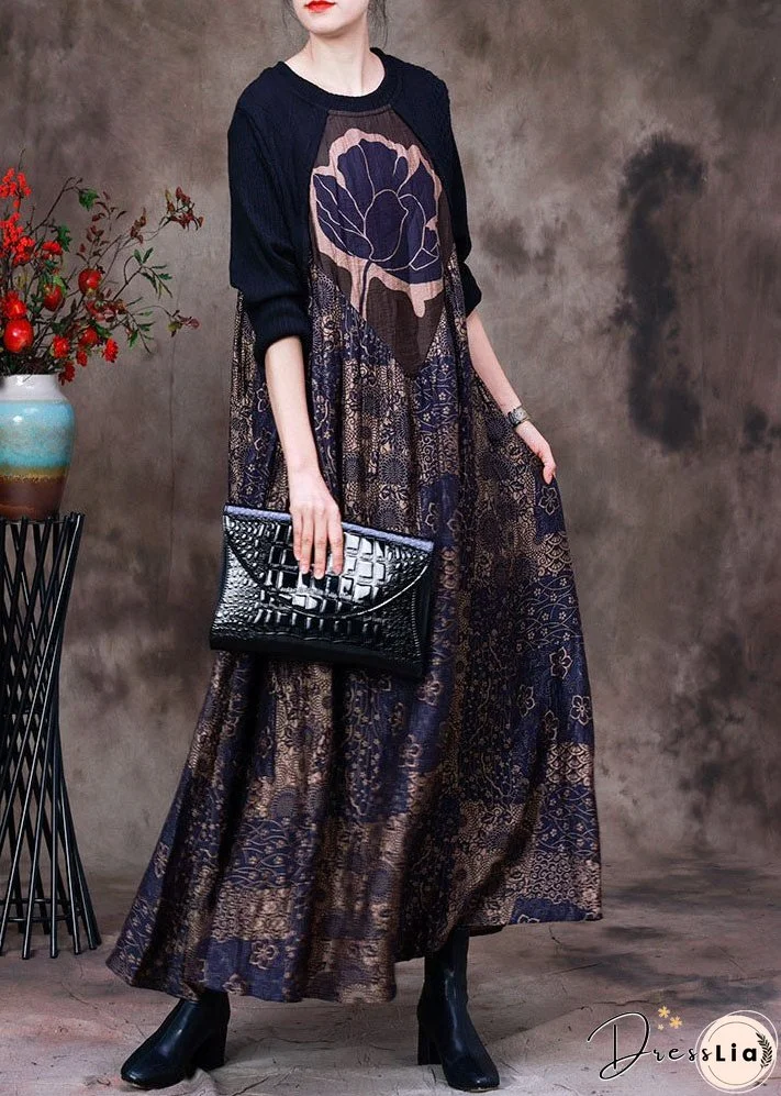 Stylish Purple O-Neck Asymmetrical Patchwork Print Silk Dress Long Sleeve