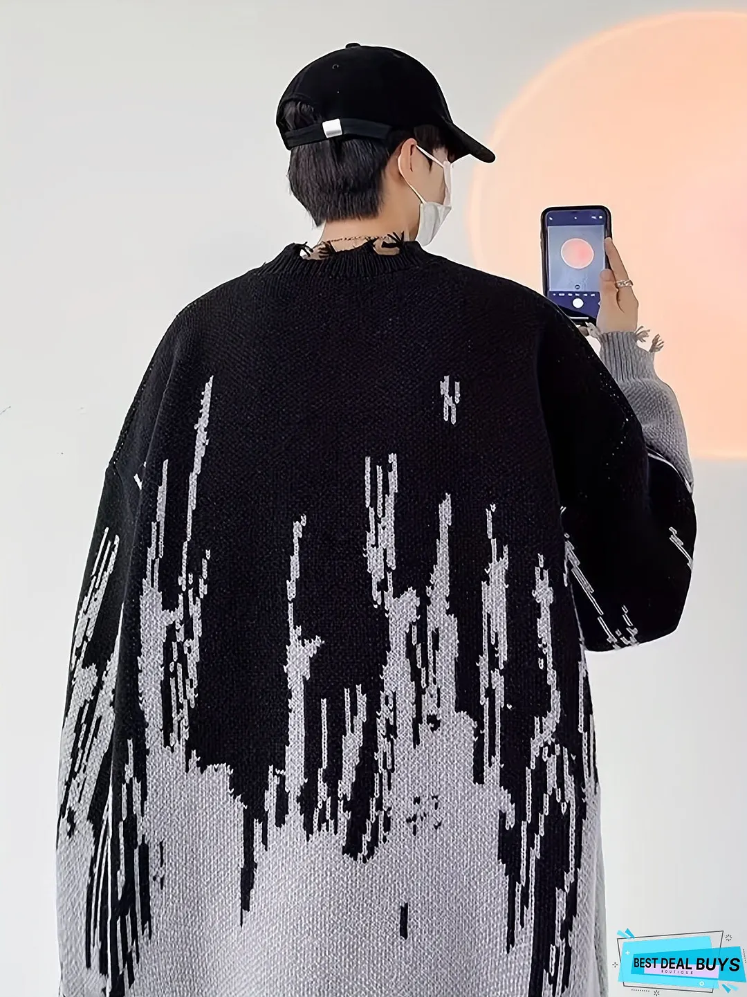 Mens Stylish Loose Color Matching Knitted Sweater Casual Breathable Long sleeve Crew neck