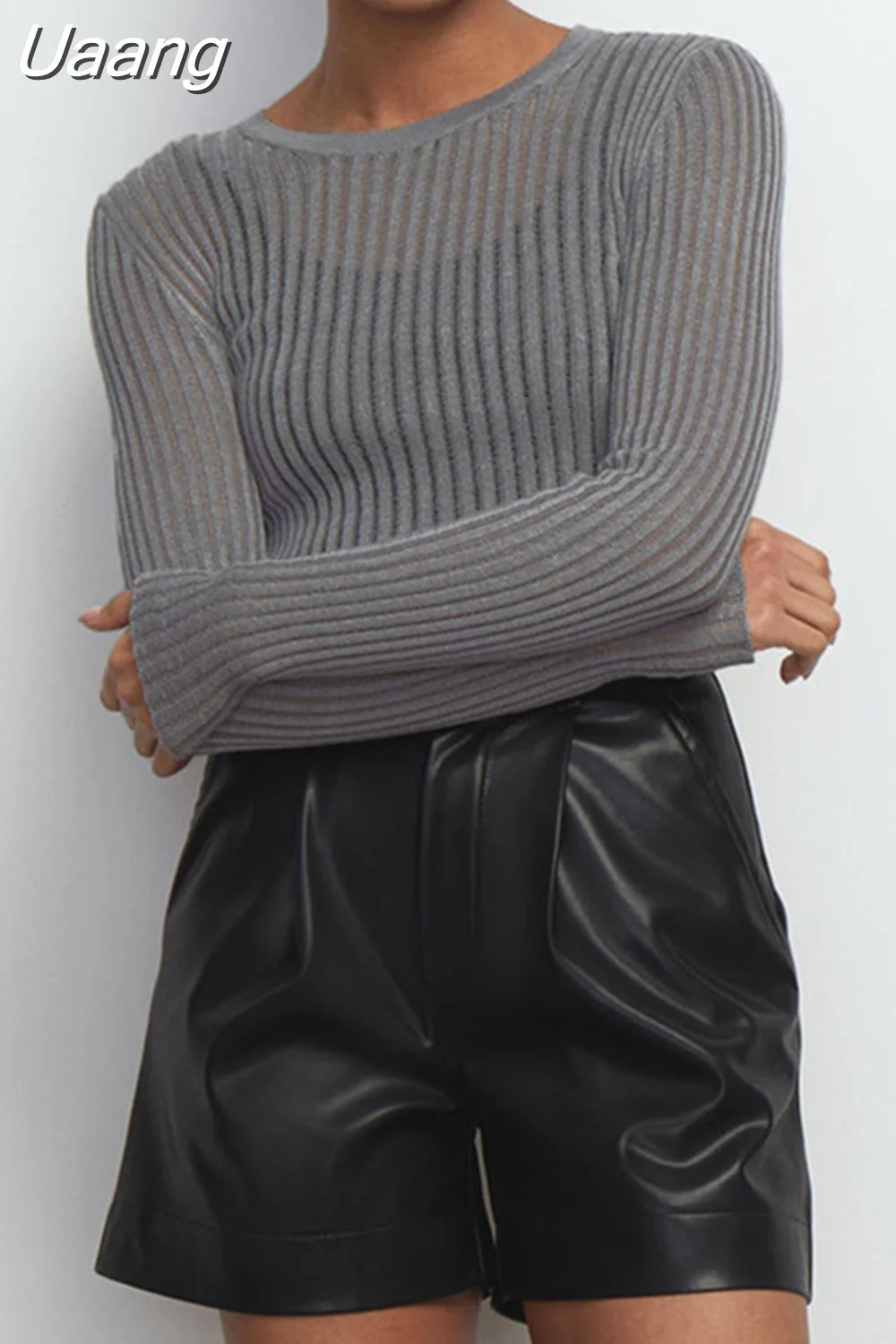 Uaang Sexy Thin Knit Sweater Women Solid Color Basic Pullover Top Casual Cozy Long Sleeve T-shirts 2023 Spring Summer New