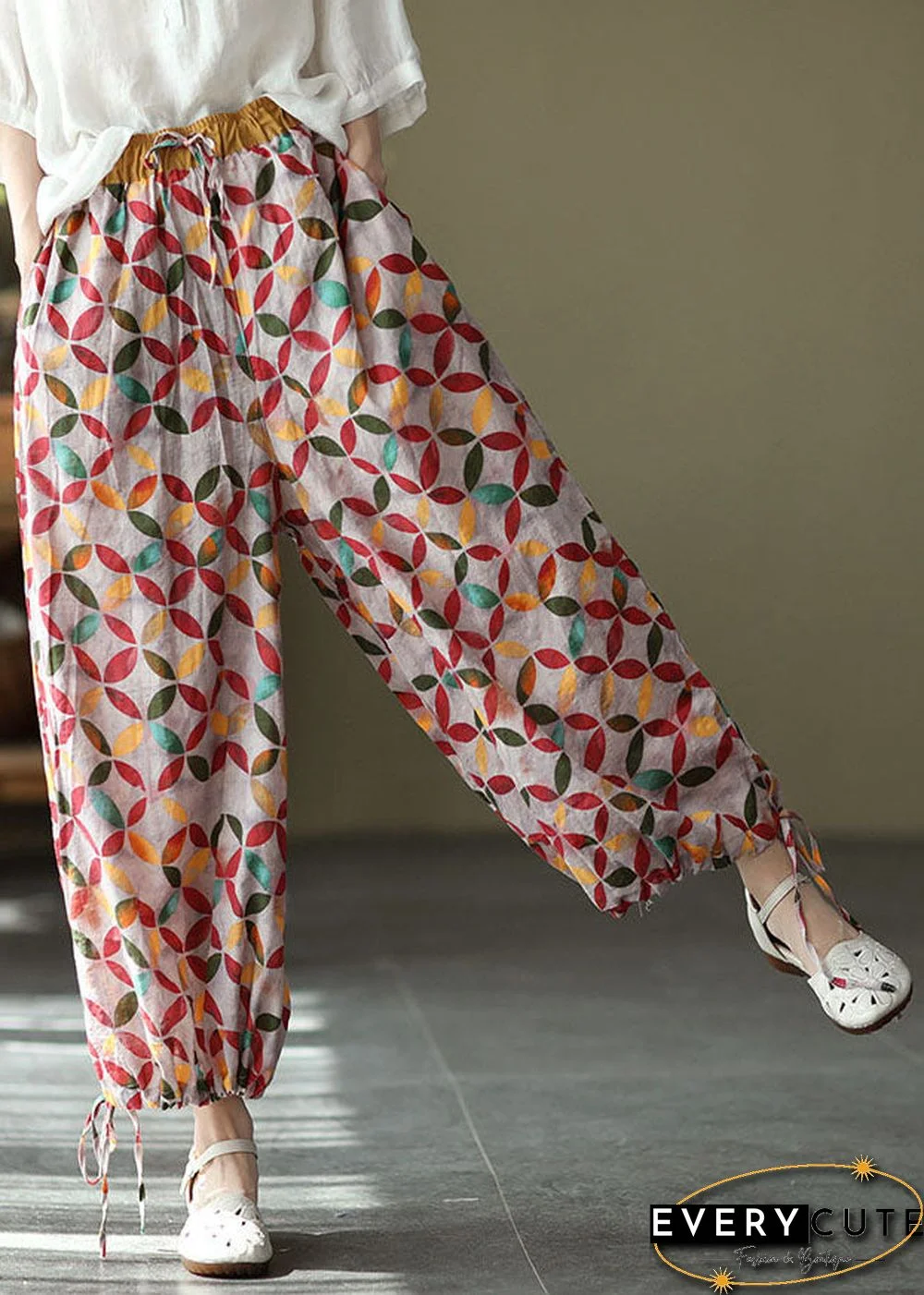 Red Colorblock Tie Waist Print Linen Pants Drawstring Summer