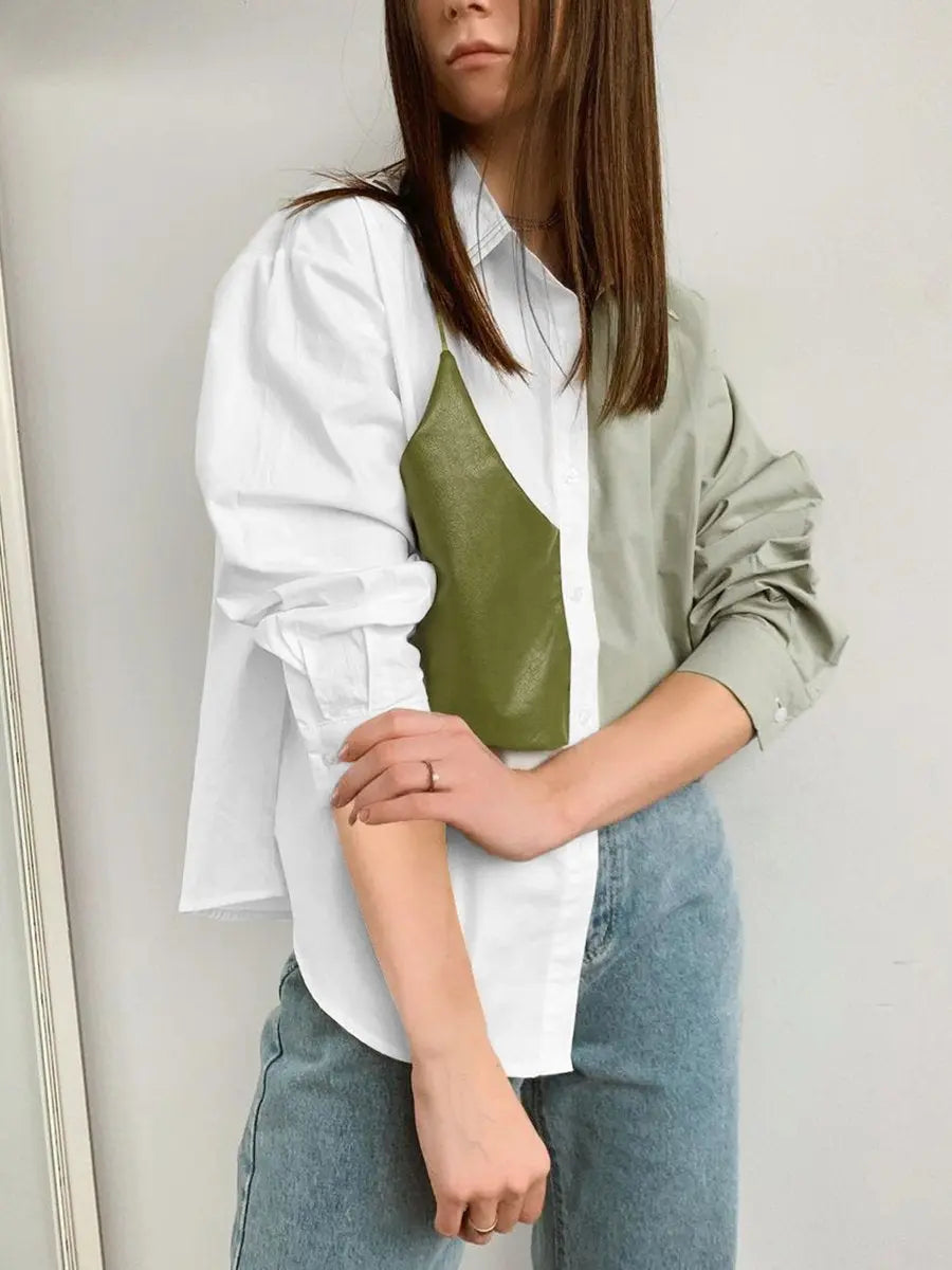 PU Splicing Color Contrast Long Sleeve Blouses