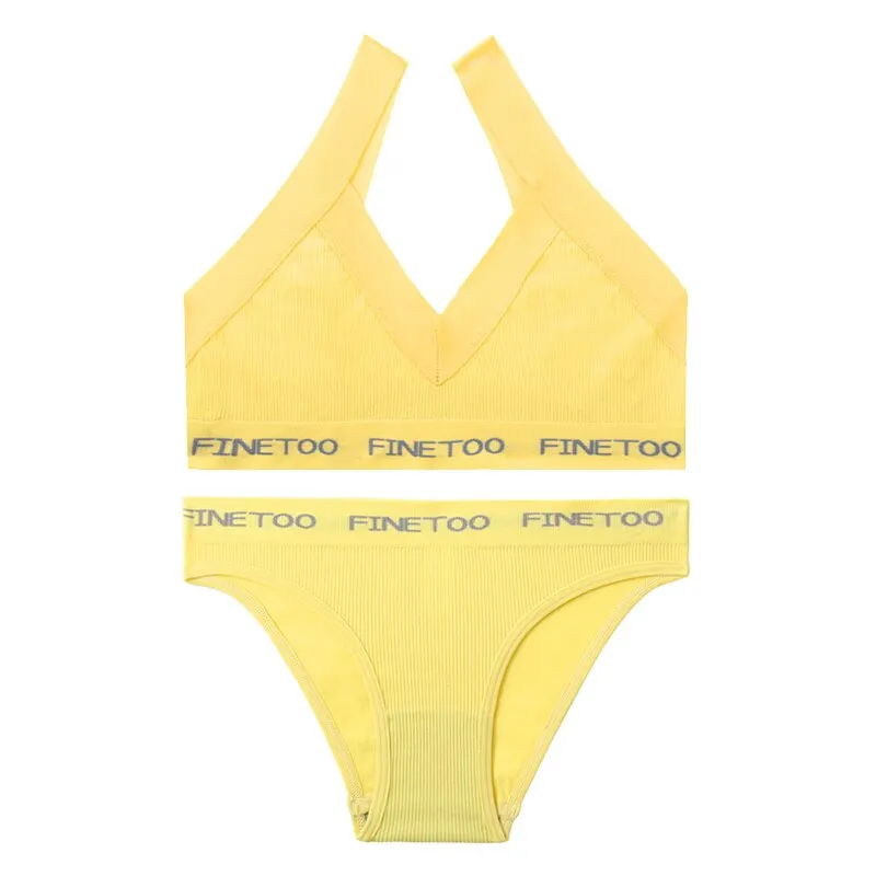 FINETOO Seamless Bra Set Women Deep V Tops Fashion Letter Panties M-XL Ladies Underwear Suit Tube Top Female Briefs Lingerie Set