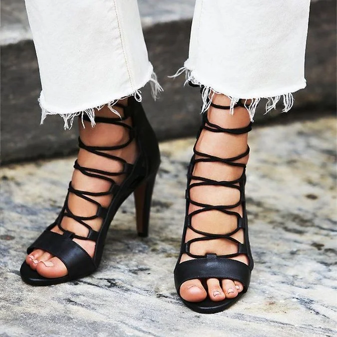 Black Open Toe Lace-Up Sandals Cone Heel Sexy Strappy Shoes |FSJ Shoes