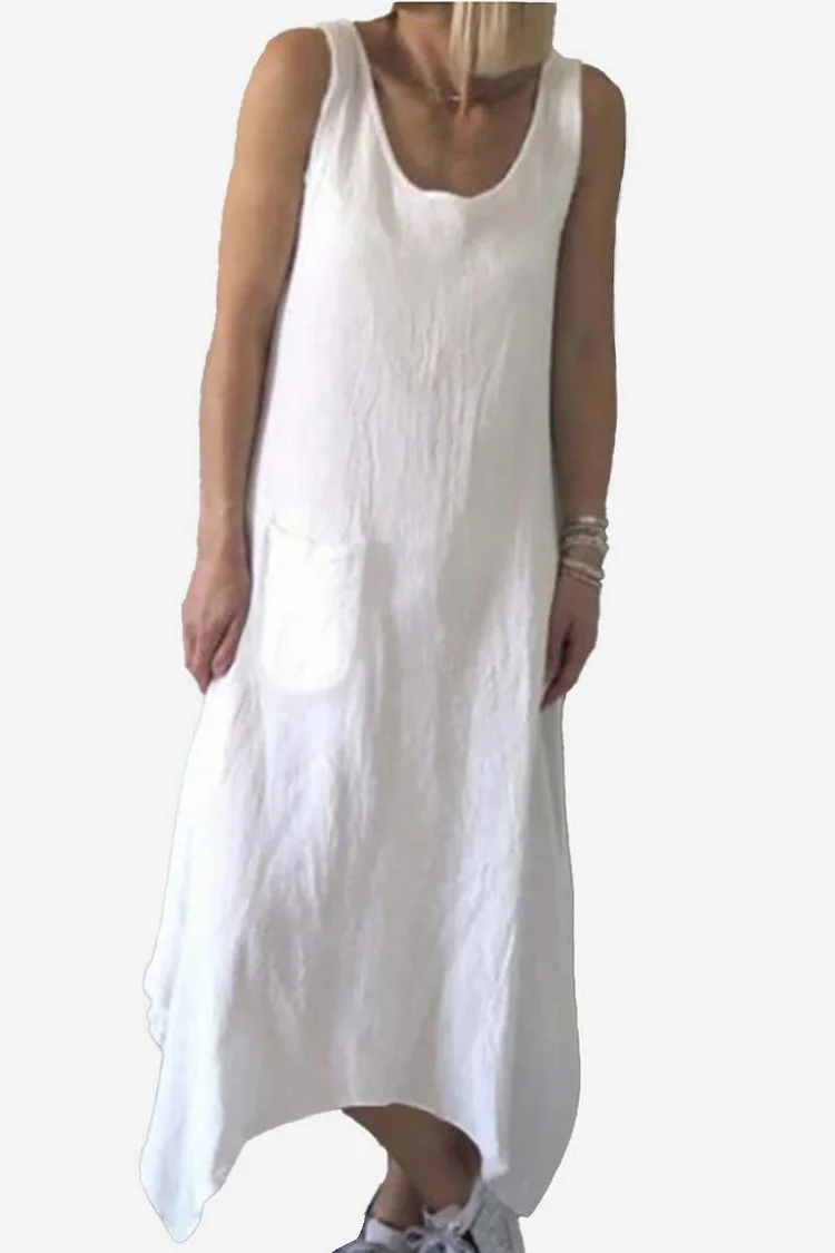 Round Neck Sleeveless Pocket Irregular Hem Linen Midi Dress