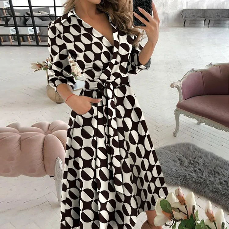 Uveng Uveng New Fall 2024 Fashion Print Long Sleeve V Neck / Hip Commuter Dress 661