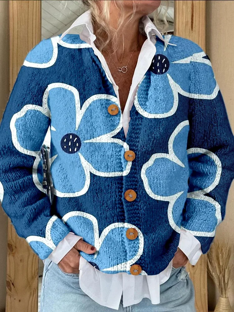 Blue Flower Print Buttoned Cardigan Sweater