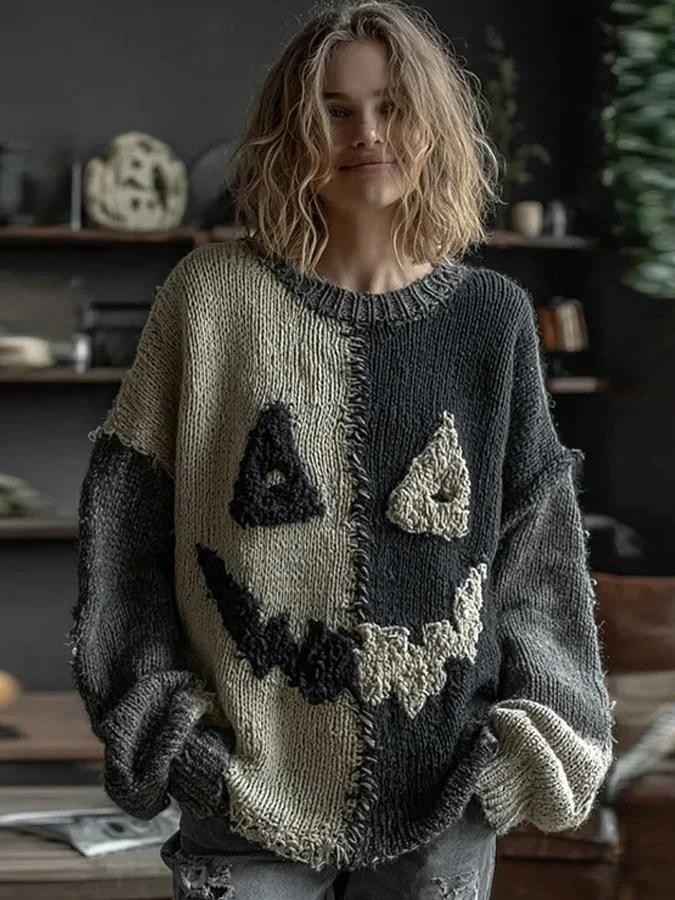 🔥Buy 3 Get 10% Off🔥Women's Halloween Spooky Face Stitched Cozy Knit Sweater 