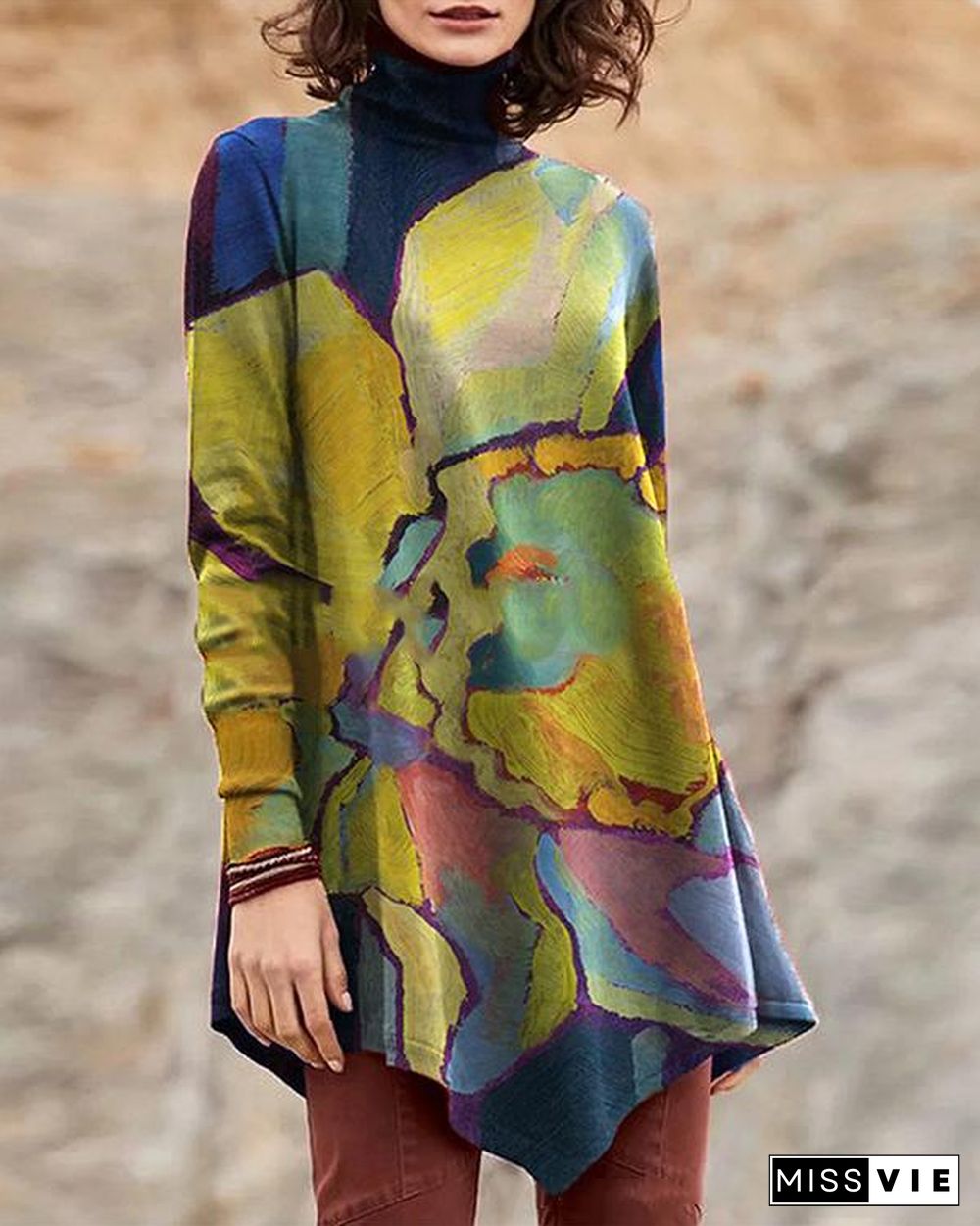 Vintage High Neck Oil Painting Print Irregular Long T-shirt for Women