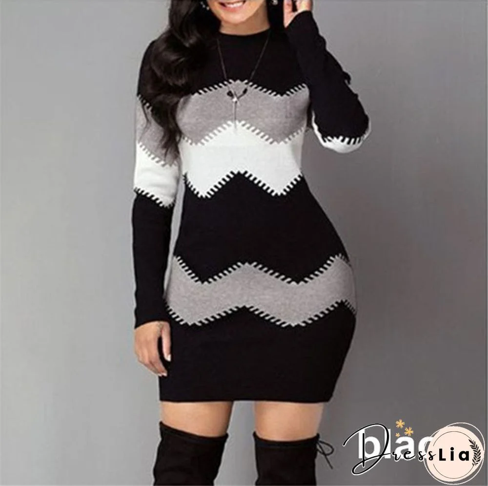 Fashion Women Ladies Long Sleeve Sweater Dress 4 Colors Color Block Long-Sleeved Sweater Bag Hip Skirt Xs-5Xl