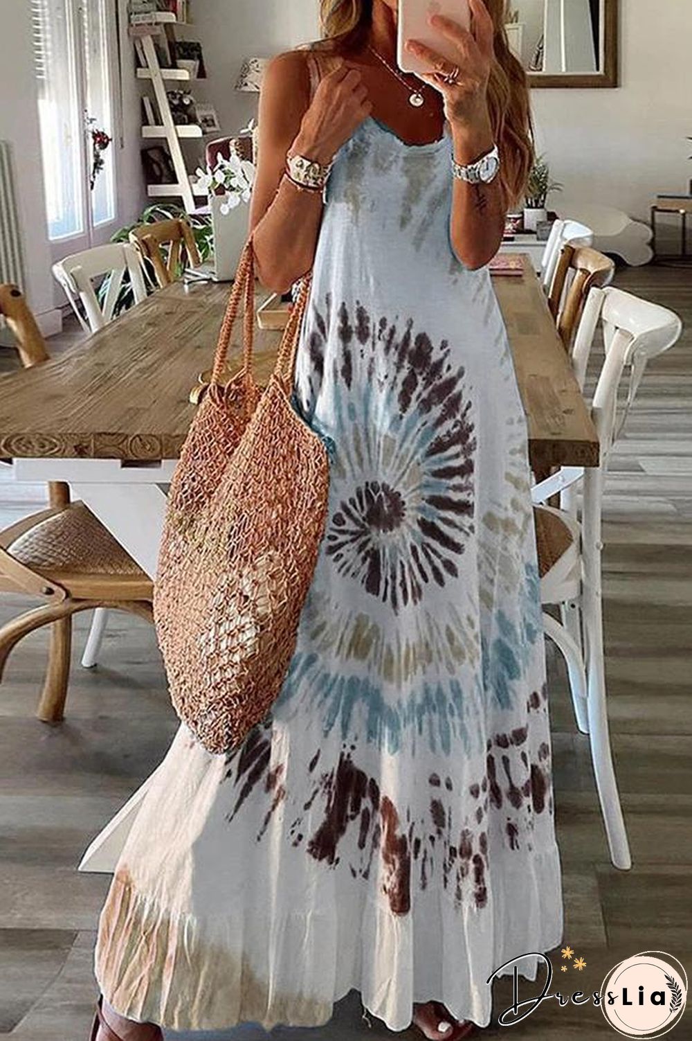 Tie-dye Sleeveless Flared Long Dress P16000