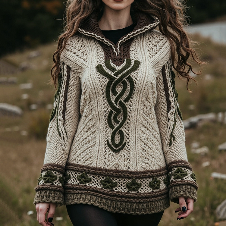 VChics Women's Celtic Knot Trefoil Jacquard Hooded Sweater
