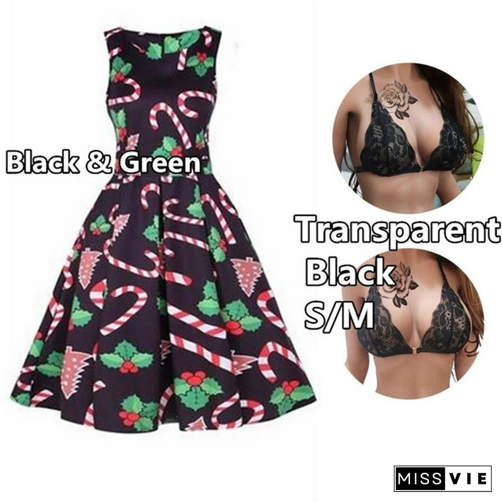 Christmas Dresses for Women Sleeveless Cocktail A-Line Xmas Santa Claus Snowflake Christmas Party Dress Retro Vintage Style Cocktail Party Swing Dresses