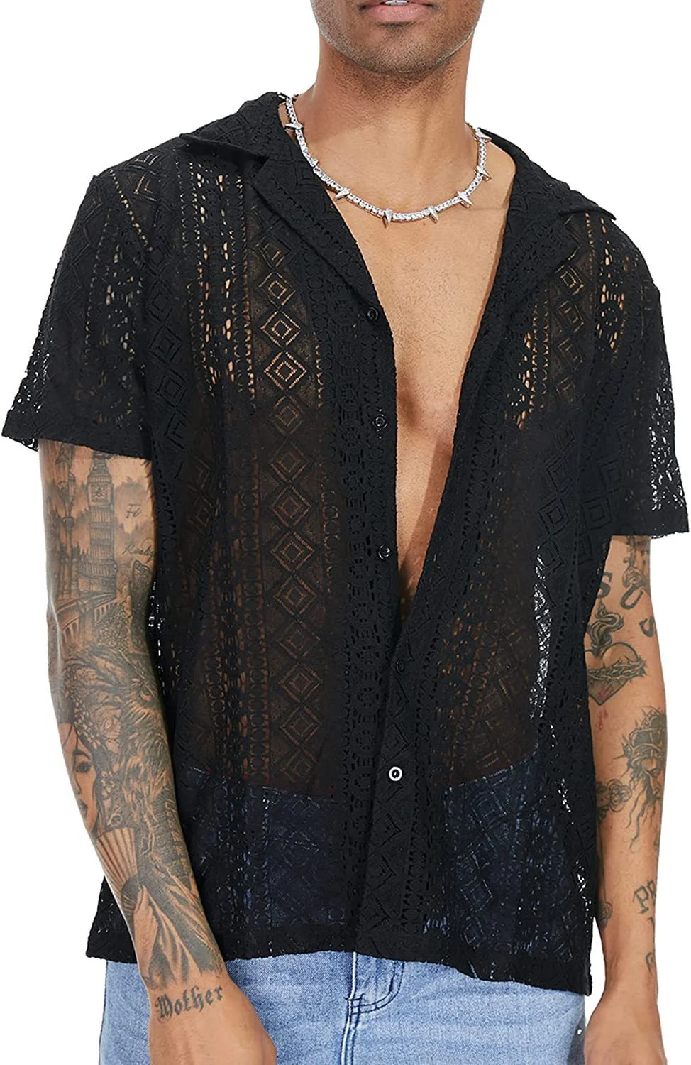 Uveng Uveng New Fashion Men's Casual Short-Sleeved Lace Collar Button Hollow Cool Perspective Shirt Top