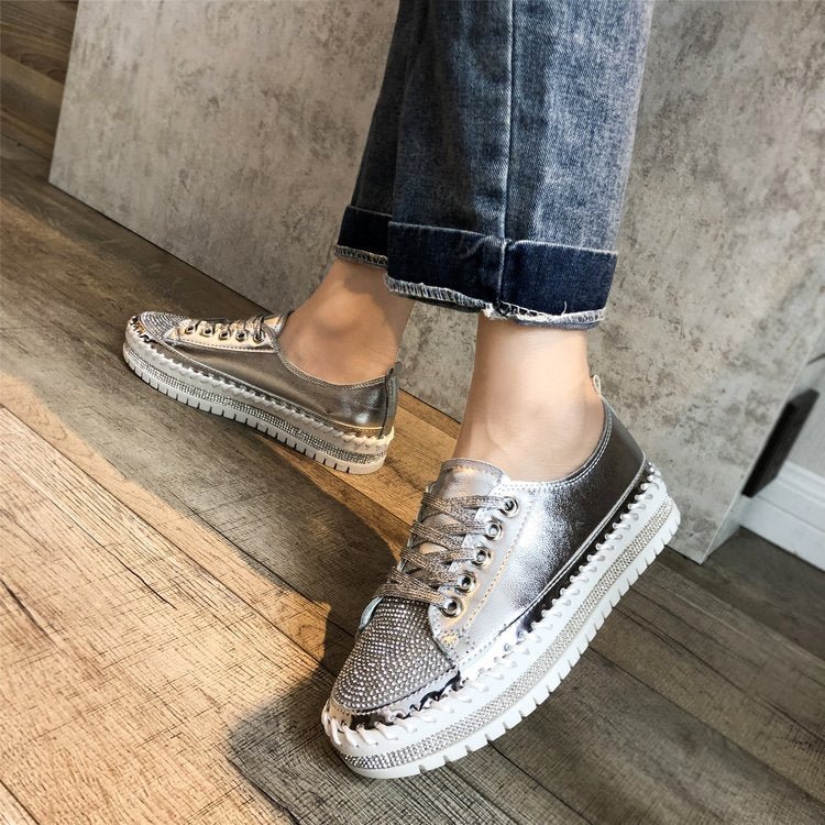 comemore Women Crystal Shoes 2021 Spring Fashion Bling Lace Up Ladies Casual Comfortable Round Toe Platform Sneakers White Shoes