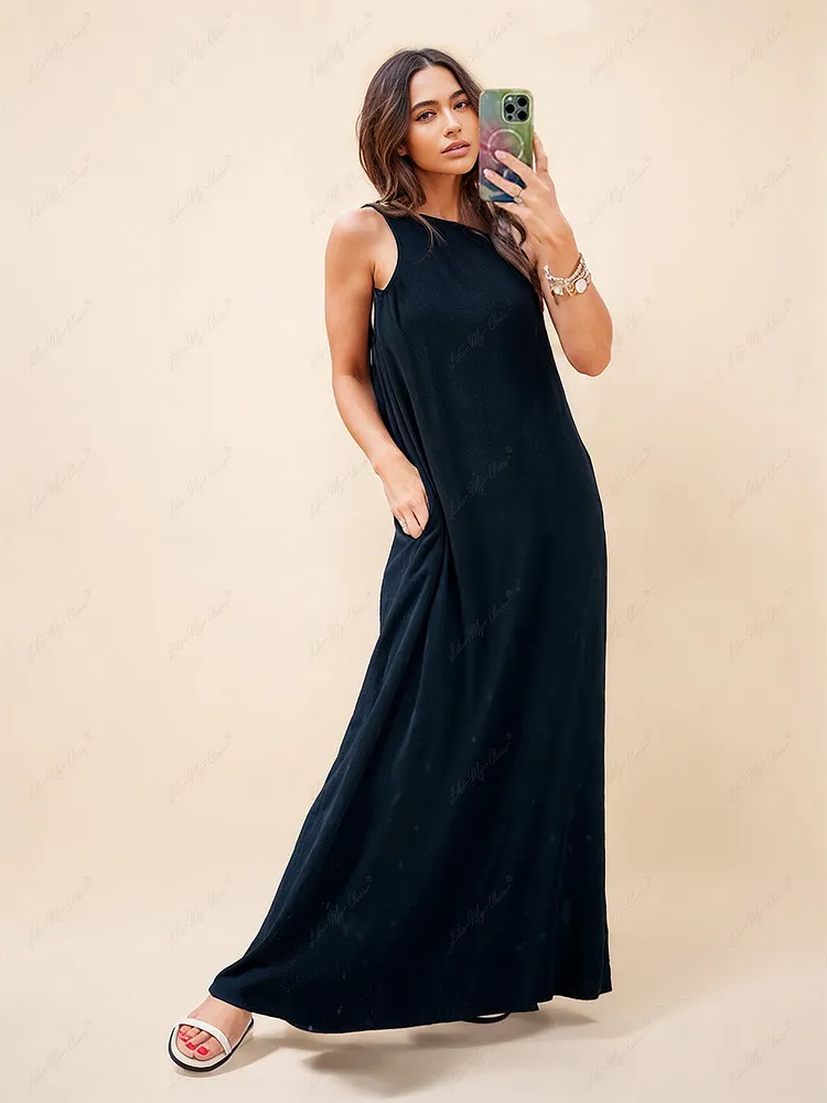 Loose One-Shoulder Sleeve Pleated Pocket Dress