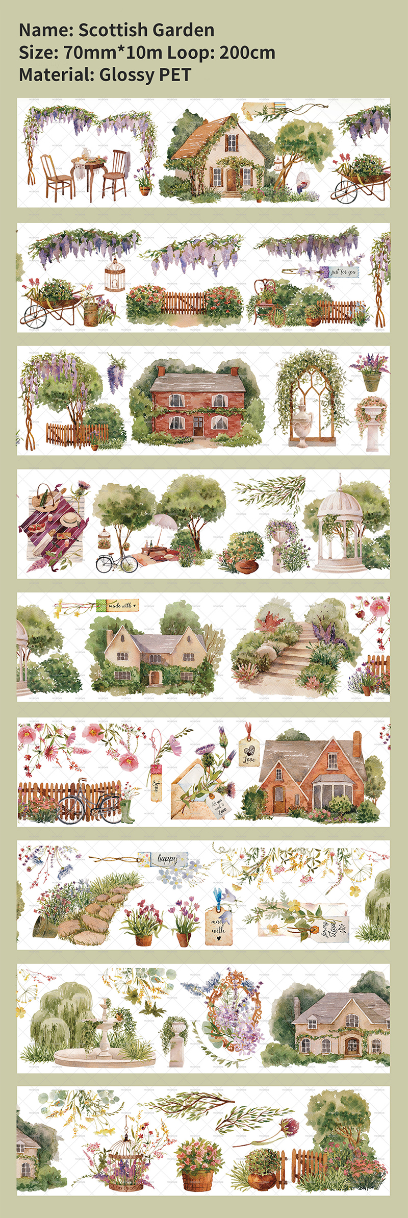 PET Tape - Vintage Plant Flower House Character Landscape 