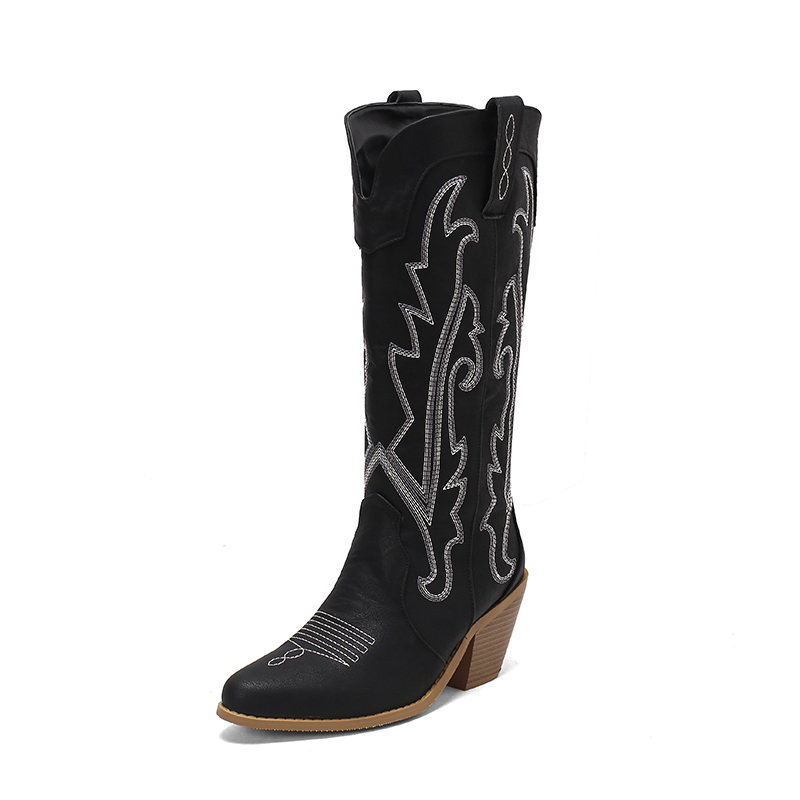 GOOSHOE Pointed Wood Grain Tapered Thick Heel Embroidered Stripe Knee High Boots Plush Lining Women's Western Boots