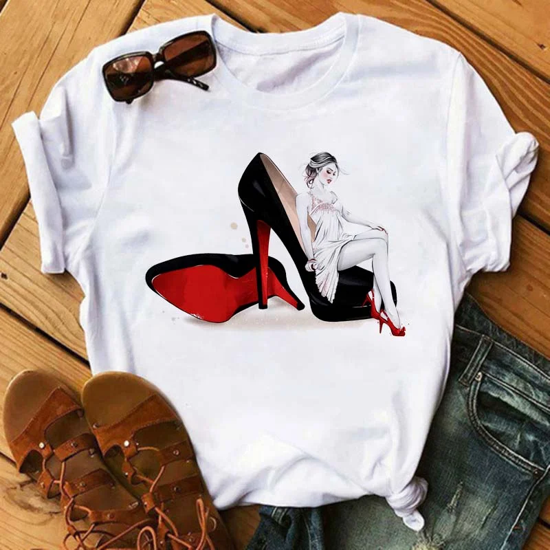 Cute Cat In Red High-heeled Printed Women T Shirts Casual Short Sleeve O-neck T-shirt Christmas Tshirts Tees Female Tops