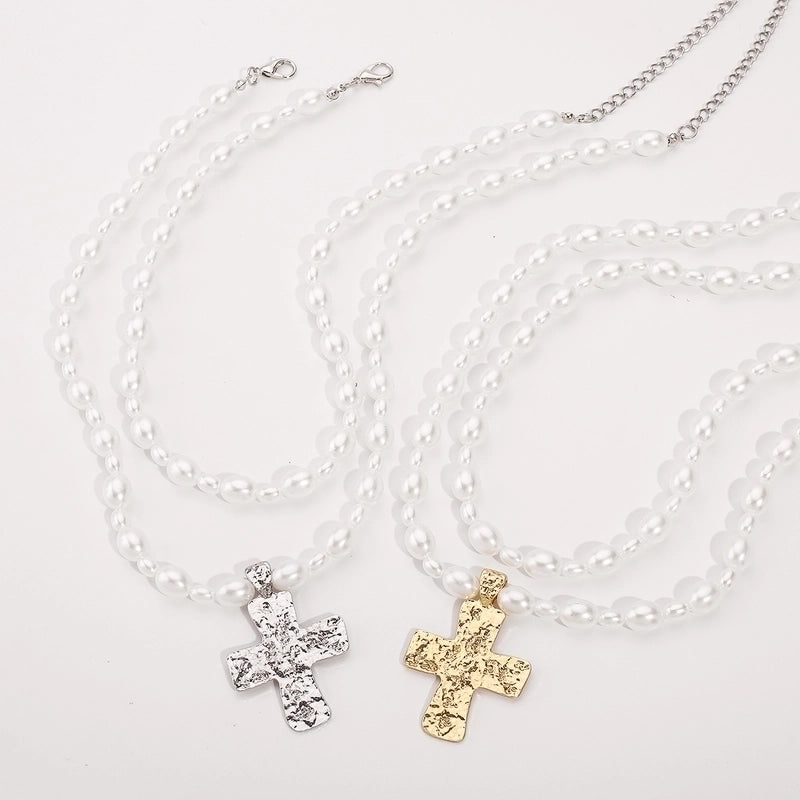 Elegant Glam Streetwear Cross Imitation Pearl Alloy Double Layer Necklaces4
