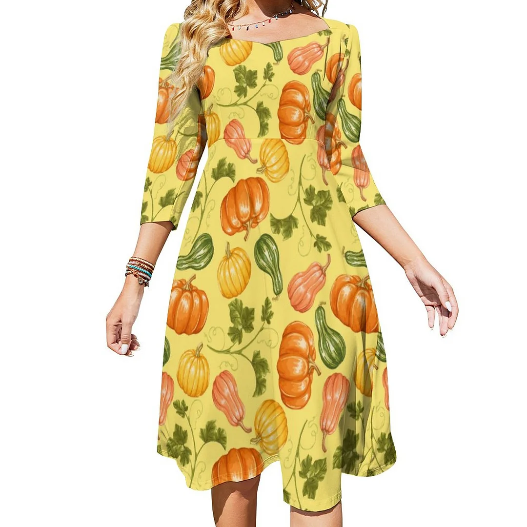 Watercolor Squash Pumpkin And Leaves Pattern Dress Sweetheart Tie Back Flared 3/4 Sleeve Midi Dresses